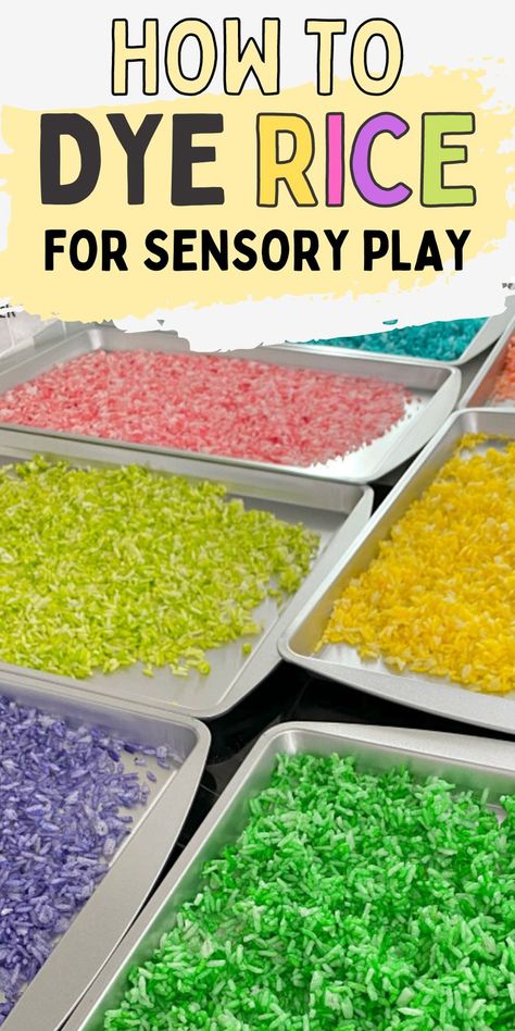 Dyed Rice Sensory, How To Make Coloured Rice Sensory Play, Colour Rice Sensory Play, Rice Play Activities, Rice I Spy Bottles, How To Colour Rice For Sensory Play, Dye Rice For Sensory Bin, Preschool Rice Activities, Dye Rice Food Coloring Sensory Play