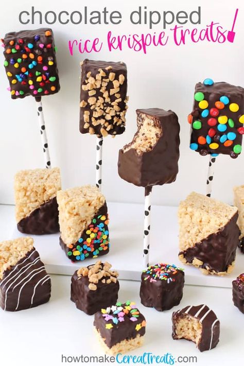 These Chocolate Dipped Rice Krispie Treats elevate an afternoon snack to a decadent dessert that will be perfect to serve at any party. Each chocolate coated marshmallow cereal treat can be served plain or topped with sprinkles, candies, or nuts. Video at HowToMakeCerealTreats.com. #ricekrispietreats #ricecrispytreats #chocolate Choc Dipped Marshmallows, Rice Crispy With Chocolate, Dipped Rice Krispie Treats, Rice Krispie Treat Pops, Chocolate Dipped Rice Krispie Treats, Sweets Business, Dipped Treats, Marshmallow Cereal, Cake Jars