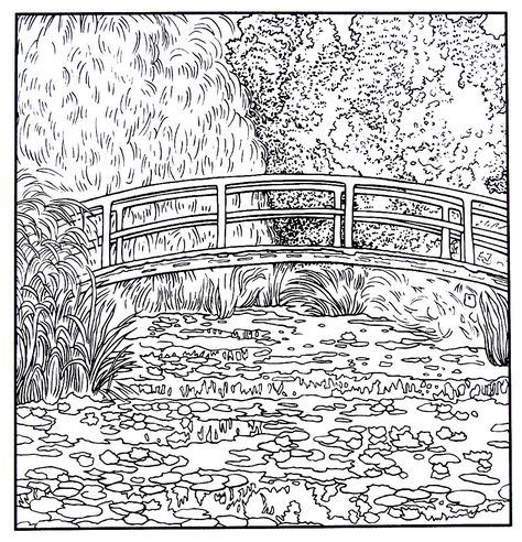 Japanese Footbridge and Water Lily Pond - impressionist painting by Claude Monet printable coloring book page Claude Monet Drawing, Monet Tattoo Water Lilies, Claude Monet Coloring Pages, Claude Monet Embroidery, Monet Drawings Sketches, Claude Monet Tattoos, Claude Monet Tattoo Ideas, Claude Monet Research Page, Claude Monet Tattoo Black And White