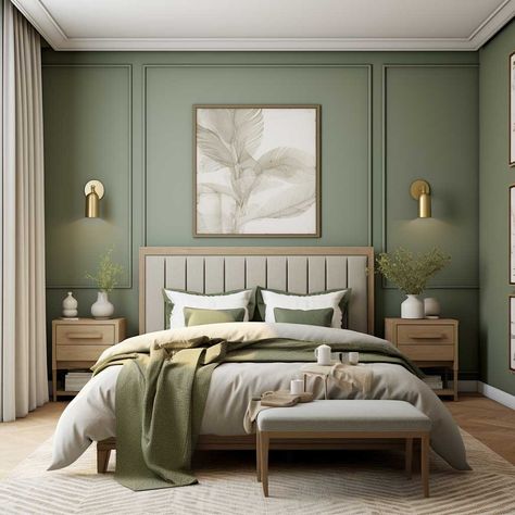 Expert Advice on Bedroom Designing Colour Schemes for Relaxation • 333+ Images • [ArtFacade] Best Paint Color For Bedroom With Oak Furniture, Wall Decor Green Bedroom, Color Combination For Bedroom Wall, Green Palette Bedroom Ideas, Colour Walls Bedroom, Oak Bed Bedroom Ideas, Green Brown Bedroom Ideas, Cosy Chic Bedroom, Main Bedroom Color Ideas