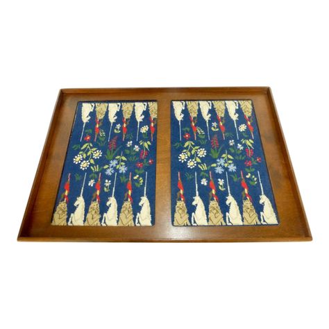 Mid-Century Framed Needlepoint Embroidered Backgammon Board Game Lions Unicorns Floral | Chairish Backgammon Game, Lion And Unicorn, Backgammon Board, Game Boards, Needlepoint Stitches, Needlepoint, Wooden Frames, Board Games, Furniture Decor