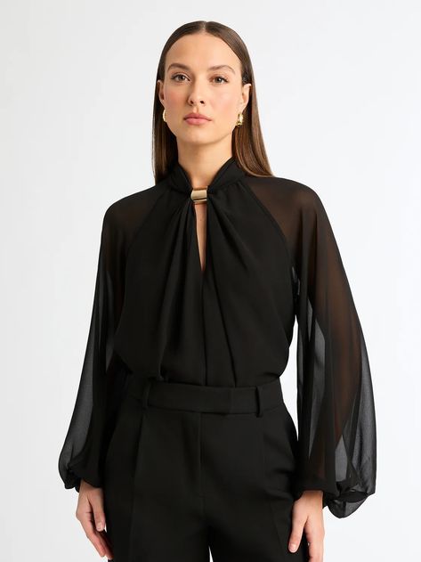 Wedding Guest Dress Trends, Linen Dresses Summer, Pattern Draping, Black Chiffon, Chiffon Long Sleeve, High Neck Long Sleeve, Summer Party Dress, Sheer Sleeves, Blouse Black