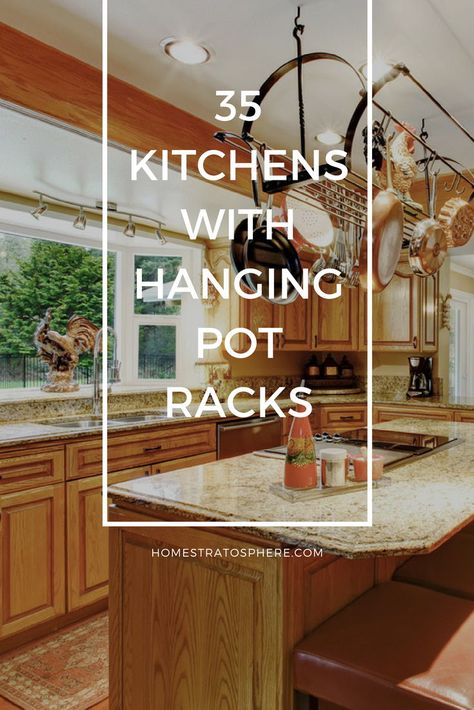 Display and organize your kitchen utensils with a Hanging pot rack.  #HangingPotRacks  #PotRacks  #PotsandPans Pot Hangers For Kitchen Over Island, Hanging Pot Holder Kitchen, Pots Hanging Over Island, Wall Mounted Pot Rack Above Stove, Hanging Pots In Kitchen Ideas, Ideas For Hanging Pots And Pans, Hanging Cooking Pots, Kitchen Pot Hanging Ideas, Hanging Pots And Pans From Ceiling