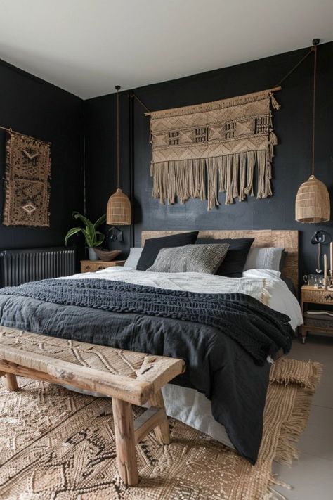 Seek refuge in an obsidian oasis where boho accents and natural materials converge to create a space of calm and serenity, offering respite from the hustle and bustle of everyday life. —click here! Black Boho Bedroom, Black Walls Bedroom, Boho Style Room, Bedroom Eclectic, 2024 Bedroom, Dark Rooms, Whimsical Bedroom, Boho Bedroom Ideas, Rustic Room