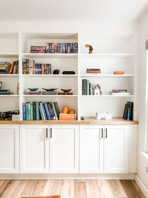 Half Height Built In Bookshelves, Walk To Wall Bookshelf, Bookshelf Family Room, Living Room Built In Bookcase, Full Wall Built In Bookshelves, Wall Bookcases Built Ins, Low Built In Bookshelves, Toy Room Built Ins, Built In Bookshelves Living Room