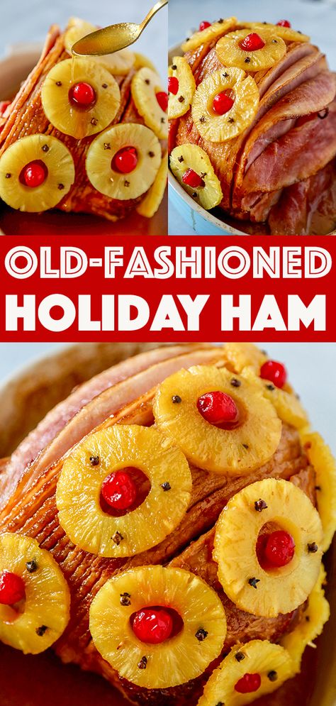 This Old-Fashioned Holiday Ham is the perfect Baked Ham Recipe. Spiral sliced ham glazed with brown sugar and pineapple juice and decorate with colorful pineapple slices and cherries. #holidayrecipe #easyfoodrecipe Christmas Ham Pineapple Cherry, Christmas Ham With Pineapple And Cherries, Christmas Ham With Pineapple, Thanksgiving Ham Recipes Pineapple, Spiral Ham Pineapple Brown Sugar, Ham Recipes Pineapple Cherry, Spiral Ham Recipes With Pineapple, Christmas Ham Recipes Pineapple, Ham With Cloves And Pineapple