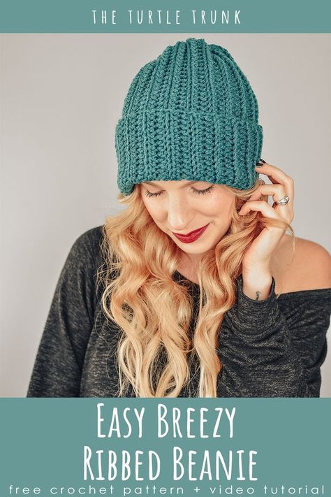 Pinterest Pin for the Easy Breezy Ribbed Beanie crochet pattern by The Turtle Trunk Easy Breezy Ribbed Beanie, Crochet Hygge, Easy Crochet Hat Patterns, Crochet Beanie Pattern Free, Boots Pattern, Crochet Adult Hat, Crochet Hat For Beginners, Crochet Shell, Ribbed Crochet