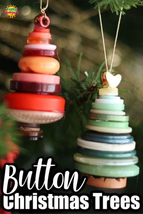 These button tree ornaments are easy for kids to make and look charming on the Christmas tree. Stacking, arranging by size, and using a glue gun are skill that kids will learn while making them. #HappyHooligans #Button #Ornament #Christmas Tree #stack #Christmas #Craft #Kids Christmas Ornaments Homemade Rustic, Christmas Ornaments Homemade Kids, Button Christmas Tree, Homemade Christmas Ornaments Diy, Maluchy Montessori, Ornament Hanger, Easy Christmas Ornaments, Christmas Crafts For Toddlers, Kids Christmas Ornaments