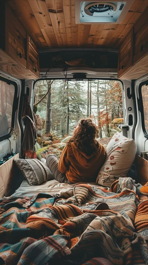 What a cozy life to live- Van life #vanlife #cozy #fallmornings Van Camping Aesthetic, Traveling Van Aesthetic, Van Life Pictures, Van Life California, Cozy Van Life, Nomad Lifestyle Aesthetic, Bus Life Aesthetic, Camper Van Aesthetic, Boho Van Life