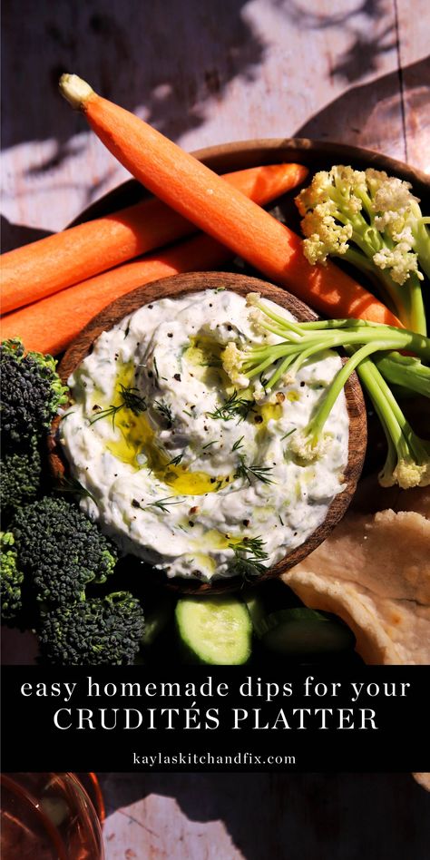 What better way to get in your veggies than arranging them in a beautiful Crudités Platter with Homemade Dips to accompany them? Winter Crudite Platter, Cold Dip Recipes For Veggies, Grilled Veggie Platter, Crudite Platter Ideas Dips, Dip For Crudite, Crudite Dip Recipes, Homemade Dips For Veggies, Crudites Platter Ideas, Healthy Dips For Veggies