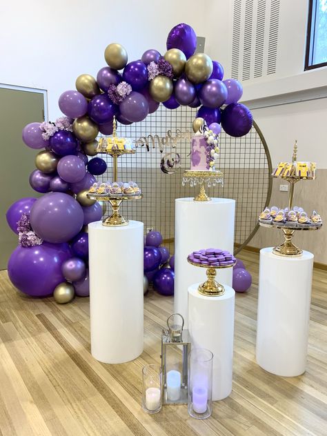 Purple White Gold Party, Gold Silver Purple Party, Purple And Gold 60th Birthday Party, Purple Black And Gold Masquerade Party, Purple And Gold Decorations Party, Purple Gold Decor, Dark Purple And Gold Quinceanera Theme, 60th Birthday Ideas For Mom Purple, Purple Gold Centerpieces