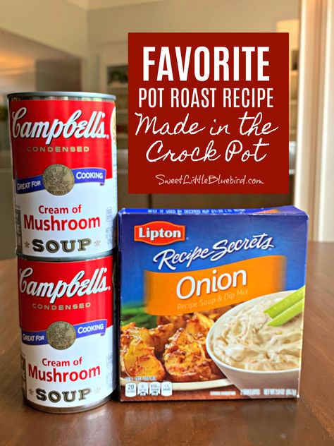 FAVORITE POT ROAST RECIPE - MADE IN THE CROCK POT -  RAVE REVIEWS!! Super easy to throw together, full of flavor, perfect for a busy day. Simple to tailor to your taste. *You can make the soup from scratch. Pot Roast From Frozen Crockpot, Lipton Roast Crock Pot, Crockpot Pot Roast With Cream Of Mushroom Soup, Roast Cream Of Mushroom Soup Crock Pot, Pot Roast Crock Pot Recipes Cream Of Mushroom, Potroast Crockpot Crock Pot Roast Easy Recipes, Roast Lipton Onion Soup Crock Pot, Crockpot Roast Recipes Lipton Onion Soup, Pot Roast Onion Soup Mix Crock