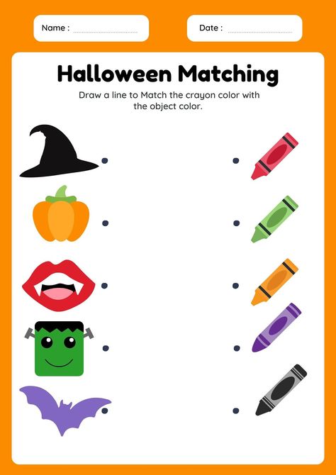 Get your little ones excited for Halloween with this fun and educational Preschool Halloween Color Matching Worksheet! Perfect for early learners, this printable activity is designed to help children practice their color recognition and matching skills while enjoying a festive Halloween theme. Key Features: 🎃 Halloween-Themed Fun: Featuring adorable Halloween characters like pumpkins, ghosts, witches, and bats in a variety of colors, this worksheet is sure to capture your child's imagination. 🖍️ Color Matching Practice: Kids will match the Halloween images with the correct colors, reinforcing their understanding of color concepts in a playful and engaging way. ✨ Easy to Use: Simply download, print, and let the learning begin! This worksheet is great for at-home learning, preschool classr Halloween Food Activities For Preschool, Two Year Old Halloween Activities, Halloween Activity Sheets Preschool, Halloween Color Activities, Halloween Cognitive Activities Preschool, Halloween Curriculum Preschool, Montessori Halloween Activities, Halloween Shapes Preschool, Fall Games For Preschoolers