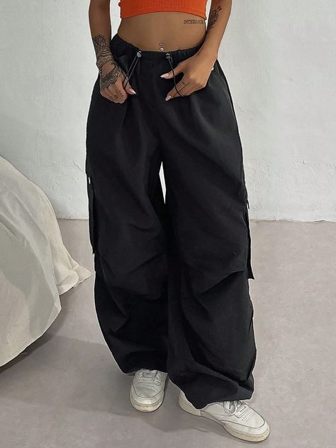 Women's Solid Color Front Drawstring Pocket Simple Cargo Jogger Baggy Pants Black Casual   Woven Fabric Plain Straight Leg Non-Stretch  Women Clothing, size features are:Bust: ,Length: ,Sleeve Length: Baggy Black Pants, Baggy Pants Black, Black Baggy Pants, Striped Wide Leg Pants, Black Cargo Pants, Baggy Pants, Baggy Pant, Linen Pants Women, Overalls Women