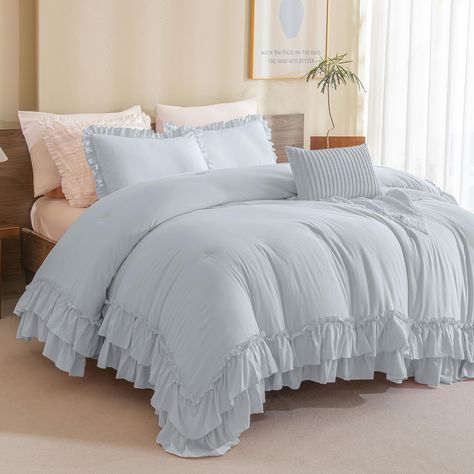 PRICES MAY VARY. 【Luxury Ruffled Comforter Set Queen】 QSH light blue shabby boho chic comforter set queen size for bed brings you a comfortable feeling at your bedding time. Our ruffle bedding comforter sets not only makes the whole bedding look more stylish, but also can enhance the sense of your entire room. It is worth mentioning that our double ruffles are sewn by hand, not by machine. That’s why our comforter set is more delicate than other normal comforters. 【Light Blue Farmhouse Bedding Q Cute Beds Frames, Silk Comforter Sets, Blue And White Toile Bedroom, White And Blue Comforter Bedroom, Silky Ruffle Bedding Set, Southern Bedding Sets, Navy Blue Bedding Farmhouse, Puffy Bedding Comforter, Coastal Shabby Chic Bedroom