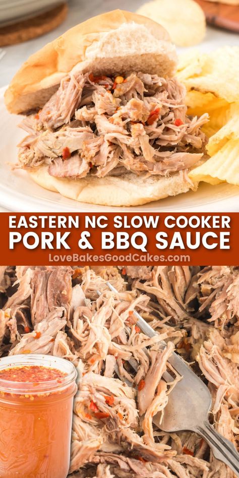 Nothing says “southern” like good BBQ, and this Eastern NC Slow Cooker Pork and BBQ Sauce is a flavorful way to enjoy this regional favorite! Pulled Pork Crock Pot Recipes Bbq, Bbq Crockpot Recipes, Nc Bbq Sauce, Bbq Pork Crockpot, Pulled Pork Crock, Crockpot Pulled Pork Bbq, Carolina Pulled Pork, Bbq Pulled Pork Slow Cooker, Crock Pot Pulled Pork Recipe