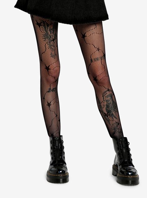 Take your look to cosmic levels! These black fishnet tights feature an allover shooting star design. 88% nylon; 12% spandexHand wash cold; drip dryImported Star Fishnets, Fishnet Leggings Outfit, Punk Tights, Nyx Aesthetic, Unique Tights, Goth Tights, Svt Concert, Girlfriend Clothes, Star Tights