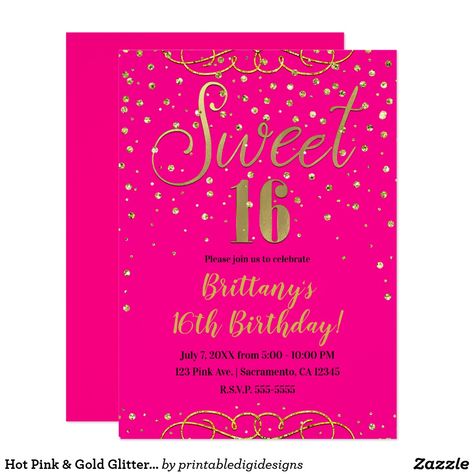 Hot Pink & Gold Glitter Modern Sweet 16 Party Invitation customize for any event Digital Invitations Design, Sweet 16 Party Invitations, Pink Sweet 16, Sweet 16 Themes, 80th Birthday Invitations, Sweet 16 Party, Glam Gifts, Birthday Inspo, Confetti Dots