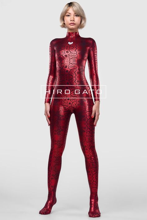 HIRO GATO Snakeskin Catsuit Black Red Shiny Metallic Lycra - Etsy Hiro Gato, Snake Pattern, Snake Patterns, Liner Socks, Womens Bodysuit, Catsuit, Snake Skin, Black Red, Thailand