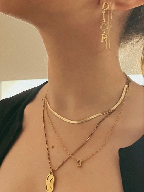 gold jewelry, gold aesthetic, necklace, earrings, luxury, accessories, angel numbers, multiple piercings, moon necklace, number three, snake chain Multiple Necklaces Aesthetic, Necklaces Aesthetic, Gold Jewelry Aesthetic, Multiple Necklaces, Aesthetic Necklace, Necklace Stack, Earrings Luxury, Multiple Piercings, Number Three