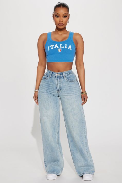 Women's Italia With Love Tank Top in Blue Size Large by Fashion Nova Baddie Casual Outfits, Italy Graphic, Fashion Nova Outfits, Swaggy Outfits, Dope Outfits, Casual Summer Outfits, Teen Fashion Outfits, Retro Outfits, High Waisted Denim