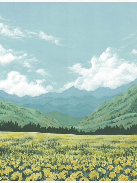 "Field of Flowers Mountain Landscape" Poster by pooja-paints | Redbubble Flower Field Drawing, Flower Field Illustration, Macbook Background, Flowers Mountain, Corn Painting, Gouache Flowers, Troom Troom, Vinyl Paintings, Paradise Painting