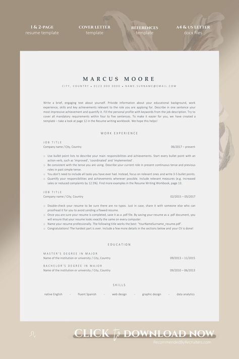 A perfect resume for any job-seeker looking to present their experience and achievements a clean and readable format. Minimalist design is the focus of this template, with precise formatting, clear sections and classic fonts. The biggest advantage of this CV layout is that it's easy to edit, easy to read and simply timeless. What is more, this resume is also ATS-friendly, so you can be sure you will pass the CV review stage, regardless of who is reading it. #perfectresume #bestcv #atsresume Clean Cv Design, Finance Cv Template, Resume Free Template, Resume Ats Friendly, Aesthetic Resume Template, One Column Resume, Ats Cv Template, Ats Friendly Resume Template Free, Ats Resume Template Free