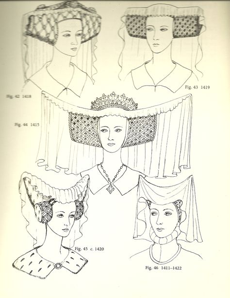 I am currently working on the middle one. It will be, most epic. Lancaster (1415-1422): Horned Headdresses English Hairstyles, 15th Century Fashion, Moda Medieval, Medieval Hats, Historical Hats, High Middle Ages, Late Middle Ages, Early Middle Ages, Medieval Costume