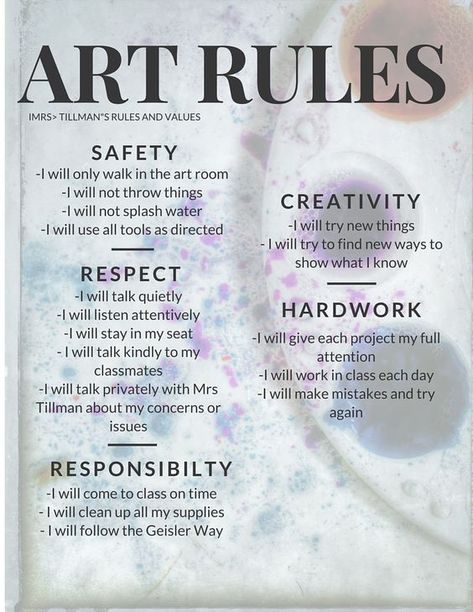 I spent the summer looking at my class and my curriculum but one thing that I did was read the book Discipline with Dignity. It changed my t... Art Room Rules, Art Room Posters, Art Classroom Management, Art Teacher Resources, Art Classroom Decor, Art Rules, Value In Art, Art Worksheets, Art Curriculum