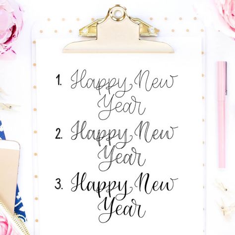 Happy New Year in Faux Calligraphy | How to write Happy New Year in Calligraphy by Vial Designs | Happy New Year Calligraphy Tutorial | Free Calligraphy Practice Worksheet #moderncalligraphy #handlettering #happynewyear Happy New Year Writing Style, Happy New Year Calligraphy Design, New Year Writing, Happy New Year Calligraphy, Hand Lettering Diy, New Year Calligraphy, Christmas Kawaii, Free Calligraphy, Hand Lettering For Beginners