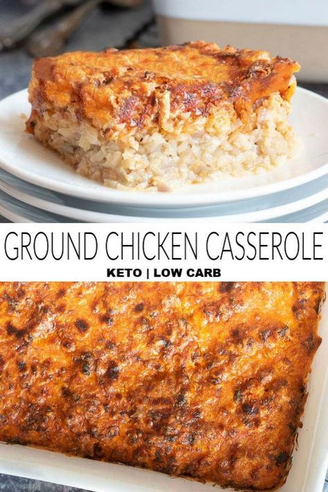 *NEW*This healthy ground chicken casserole is the easiest, tastiest, low carb -iest of recipes! Guaranteed the whole family will love it! #lowcarbgroundchickencasserole  #ketogroundchickencasserole #groundchickencasserole Keto Ground Chicken, Chicken Recipes Low Carb, Ground Chicken Casserole, Healthy Ground Chicken, Vegan Burrito, Ground Chicken Recipes, Vol Au Vent, Recipes Low Carb, Carb Foods