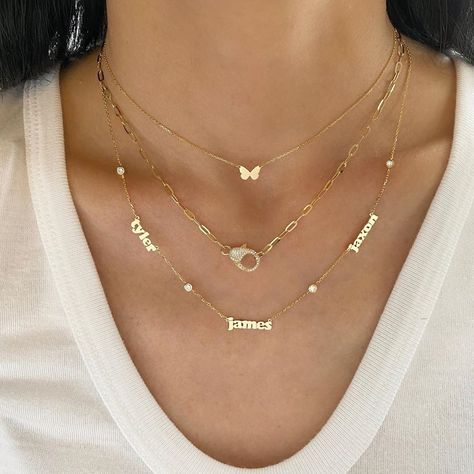 3,317 Likes, 39 Comments - @lolajamesjewelry on Instagram: “Friday favorites ✨🦋💎” Zoey Name, Max Name, Necklace Name Design, Jewelry Product Shots, Mini Butterfly, Friday Favorites, Family Necklace, Gold Name Necklace, Jewelry Fashion Trends