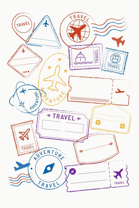 Travel stickers and badge set vector | premium image by rawpixel.com / Mon Voyage Of Adventure Art, Travel Wallpapers, Travel Stamps, Travel Vector, Wallpaper Travel, Background Retro, طابع بريدي, Travel Stamp, Passport Stamps