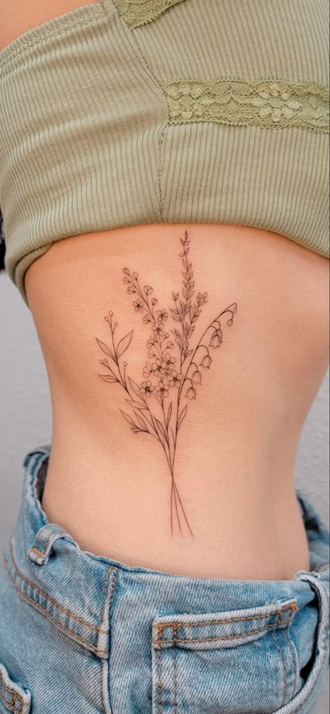 Washington Flower Tattoo, Lily Of The Valley Lavender Tattoo, Daisy And Lavender Bouquet Tattoo, Wildflower Tattoo With Lavender, Flower Tattoos Lilacs, Aster And Lily Of The Valley Flower Tattoo, Honeysuckle And Lily Of The Valley Tattoo, Posie Flowers Tattoo, Lavender Flower Bouquet Tattoo