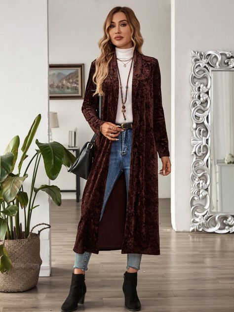 Women's Elegant Long Sleeve Maxi Open Front Cardigan For Formal Occasions Brown Casual  Long Sleeve Knitted Fabric Plain Other Non-Stretch  Women Clothing, size features are:Bust: ,Length: ,Sleeve Length: Long Robe Outfit, Gothic Office, Witchy Outfits, Winter Mode Outfits, Gilet Long, Maxi Cardigan, Autumn Outfits, Long Sleeve Maxi, Autumn Outfit