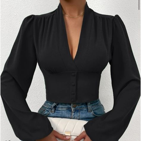 Never Worn Shein Blazer Womens Shirts Casual, Ladies Cardigan, Lantern Sleeved Blouses, Fashion Female, Plain Tops, Bishop Sleeve, Lantern Sleeve, Crop Blouse, V Neck Blouse