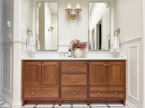 Kitchen Cabinets As Bathroom Vanity, Primary Bath Double Vanity, English Country Bathroom Vanity, Wood Vanity In Bathroom, Custom Double Vanity, L Shape Bathroom Vanity Master Bath, Oak Vanity Makeover, Dual Vanity Bathroom Ideas, Bathroom Cabinets Wood