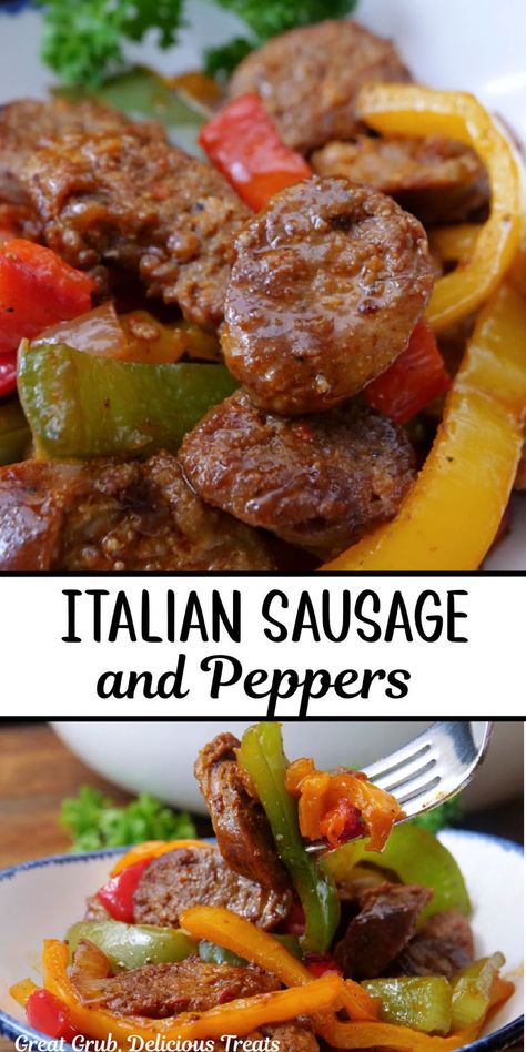 A double photo collage of sausage and three different types of peppers on a white plate. Italian Sausage And Peppers Recipes, Italian Sausage Casserole Recipes, Italian Pork Sausage Recipes, Italian Sausage Recipes For Dinner Easy, Italian Sausage Recipes For Dinner, Sausages And Peppers, Roasted Italian Sausage, Sweet Italian Sausage Recipes, Sausage And Peppers Recipe