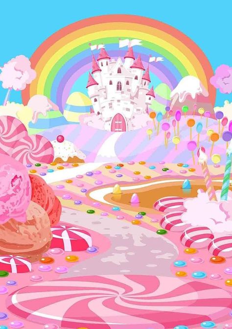 Candyland rainbow castle birthday party backdrop. Cute and magical background decoration for photo booth, cake table etc. afflink Invitaciones Candy Land, Candyland Invitations, Castle Birthday Party, Horse Template, Fairy Kingdom, Candy Background, Candy Castle, Castle Backdrop, Stationary Ideas