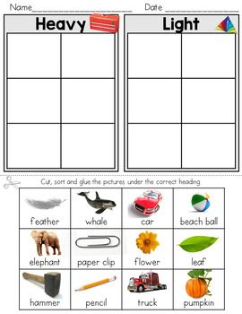 Heavy and Light Sort Worksheet K.MD.A.2 Heavy And Light Worksheet, Measurement Kindergarten, Measurement Worksheets, Measurement Activities, Cut And Paste Worksheets, Worksheets Kindergarten, Math Measurement, Shapes Worksheets, English Worksheets For Kids