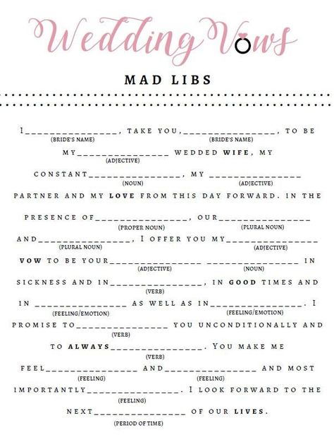 A FUN bridal shower game that doesn't include bow hats or bouquets! Help your bride practice reading her vows with Wedding Vows Mad Libs. How you choose to go about filling in the sheet is up to you but one idea is to have each shower guest write down a adjective, verb, noun, etc. on a piece of paper as they arrive (helpful to have pieces of paper available on the tables ahead of time). As the bride is opening gifts, collect the pieces of paper from each table and make random selections to help Vow Mad Libs, Rustic Wedding Games, Bridal Shower Questions, Best Bridal Shower Gift, Classy Bachelorette Party, Unique Bridal Shower Gifts, Bridal Shower Gifts For Bride, Fun Bridal Shower Games, Nouns And Adjectives