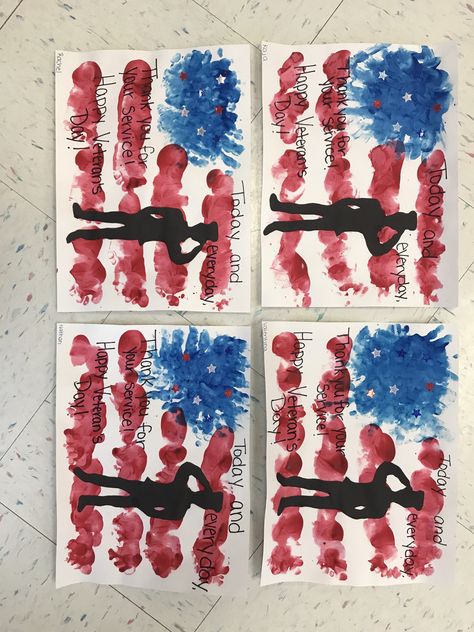 Infants craft completed for Veterans Day. Splattered blue hand prints and red foot print lines. Thank you for your service! Veterans Day Craft For Infants, Veterans Day Prek Activities, Veterans Art Projects For Kids, Flag Handprint Art For Kids, Veterans Day Infant Crafts, Veterans Day Crafts For Kids Thank You, Veterans Day Craft Kindergarten, Military Crafts For Toddlers, Veterans Day Crafts For Preschool