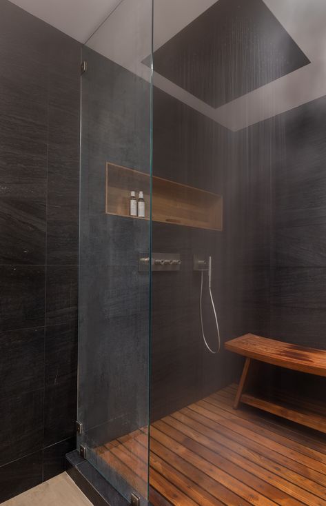 Teak and stone shower Teak Shower Wall, Shower With Teak Floor, Zen Shower Ideas, Teak Shower Floor, Teak Bathroom, Teak Flooring, Stone Shower, Bathroom Shower Design, Master Shower