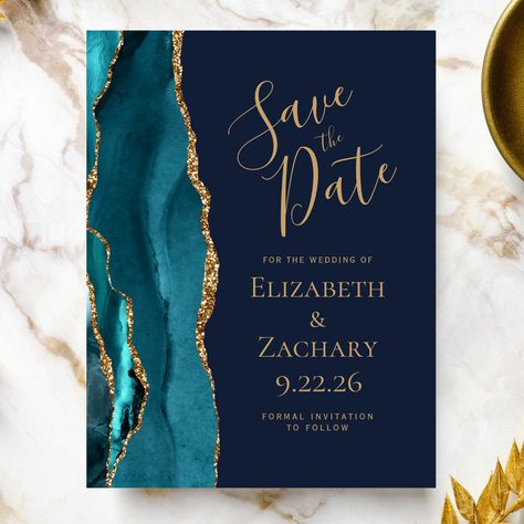 Fall Wedding Announcements, Deep Purple Wedding, Navy Blue Wedding Theme, Elegant Wedding Themes, Agate Wedding, Unique Save The Dates, Modern Save The Dates, Dark Wedding, Turquoise Wedding