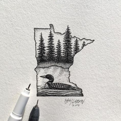 North Woods Tattoo Ideas, Minnesota Inspired Tattoo, Maine State Tattoo, Up North Tattoo Ideas, Loon Tattoo Small, Loon Tattoo Ideas Design, Minnesota Tattoo Ideas, Hometown Tattoo Ideas, Loon Tattoo Ideas