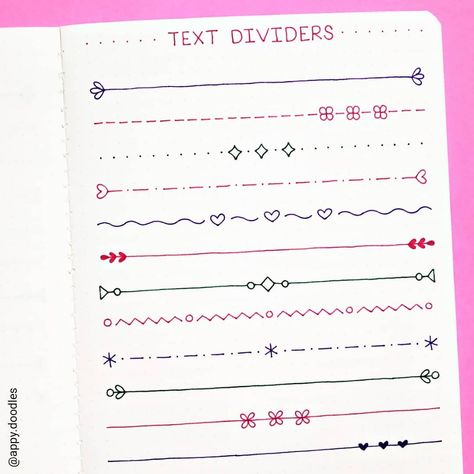 Appy Doodles on Instagram: “Some simple text dividers for your bullet journal / notes. 😊💕 ⠀⠀⠀⠀⠀⠀⠀⠀⠀ Notebook : Softcover Tsuki journal from @notebook_therapy ✨ Use…” Divider Doodles, Border Drawing Ideas, Borders Bullet Journal, Journal Dividers, Card Borders, Bullet Journal Dividers, Border Drawing, Notebook Therapy, Notes Essentials