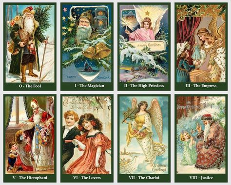 Christmas Tarot cards deck. Vintage Christmas illustrations. Cards Christmas Tarot, Vintage Halloween Designs, Vintage Tarot Cards, Tarot Interpretation, Angels Christmas, 78 Tarot Cards, Vintage Tarot, Fortune Telling Cards, Victorian Romance