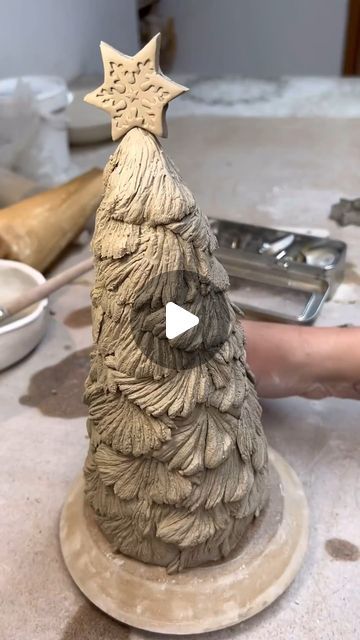 Clay Christmas Trees Diy, How To Make A Clay Christmas Tree, Wheel Thrown Pottery Christmas, Pottery Christmas Trees Ideas, Clay Xmas Tree, Cement Christmas Crafts, Pottery Xmas Trees, Pottery Trees Clay, Wheel Thrown Christmas Tree