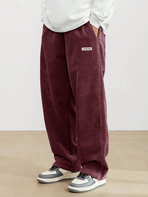 Burgundy Casual Collar  Woven Fabric Letter,Plain Straight Leg Embellished Non-Stretch  Men Clothing Trendy Pants For Men, Cool Pants Men, Tall Guy Fashion, Red Corduroy Pants Outfit, Loose Fit Pants Men, Men’s Pants, Baggy Pants Outfit Men, Maroon Clothes, Pants Men Outfit