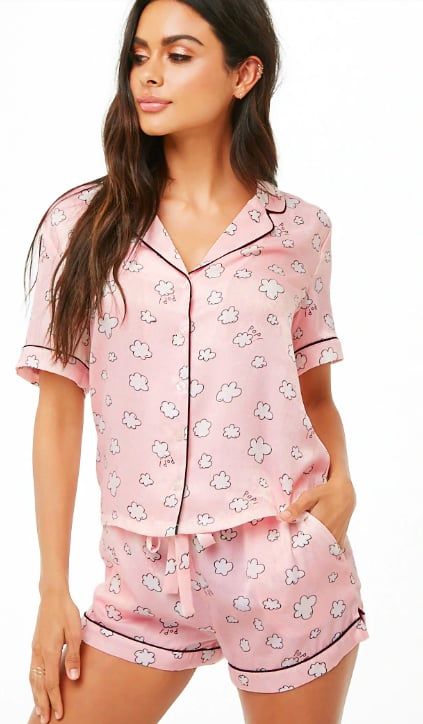 Night Wear Pajamas, Girls Night Dress, Night Wear Dress, Pijamas Women, Satin Pj Set, Sleep Clothes, Cloud Print, Sleepwear Fashion, Fashion Corner